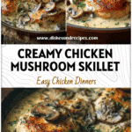 Golden chicken pieces in creamy mushroom sauce served in a rustic skillet with herbs.